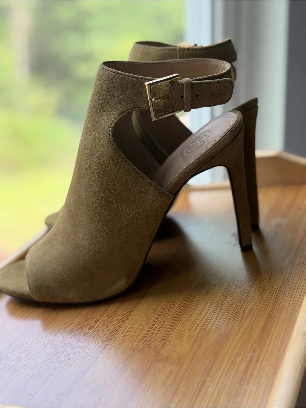 Tory Burch Olive Suede Open-Toe Ankle Booties